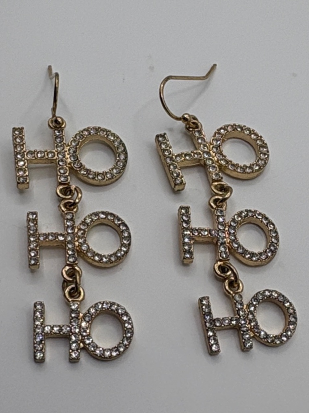 crown & ivy Gold-tone 'HO HO HO' Rhinestone Drop Earrings 2” long - Picture 4 of 4